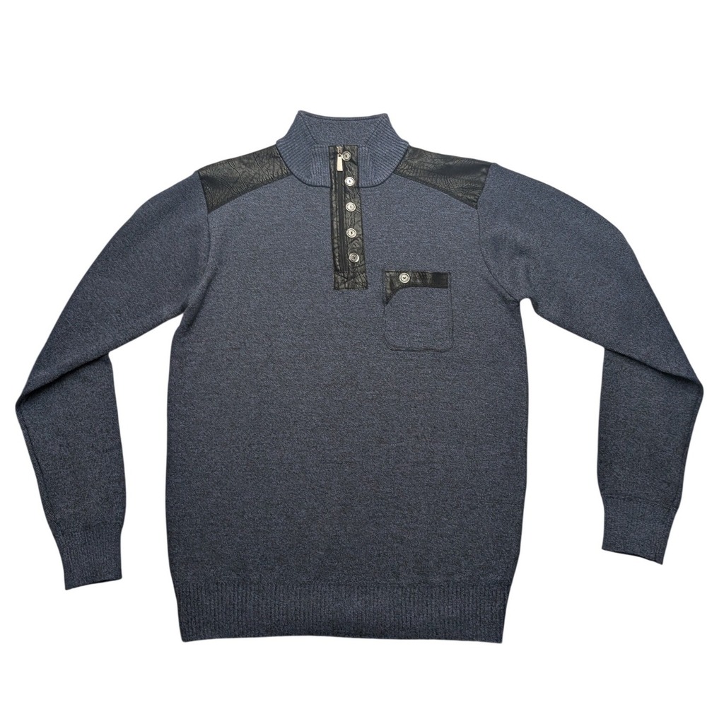 Leonardo Gavino Sweater Mens‎ Medium Blue Gray Quarter Zip Faux Leather Patches